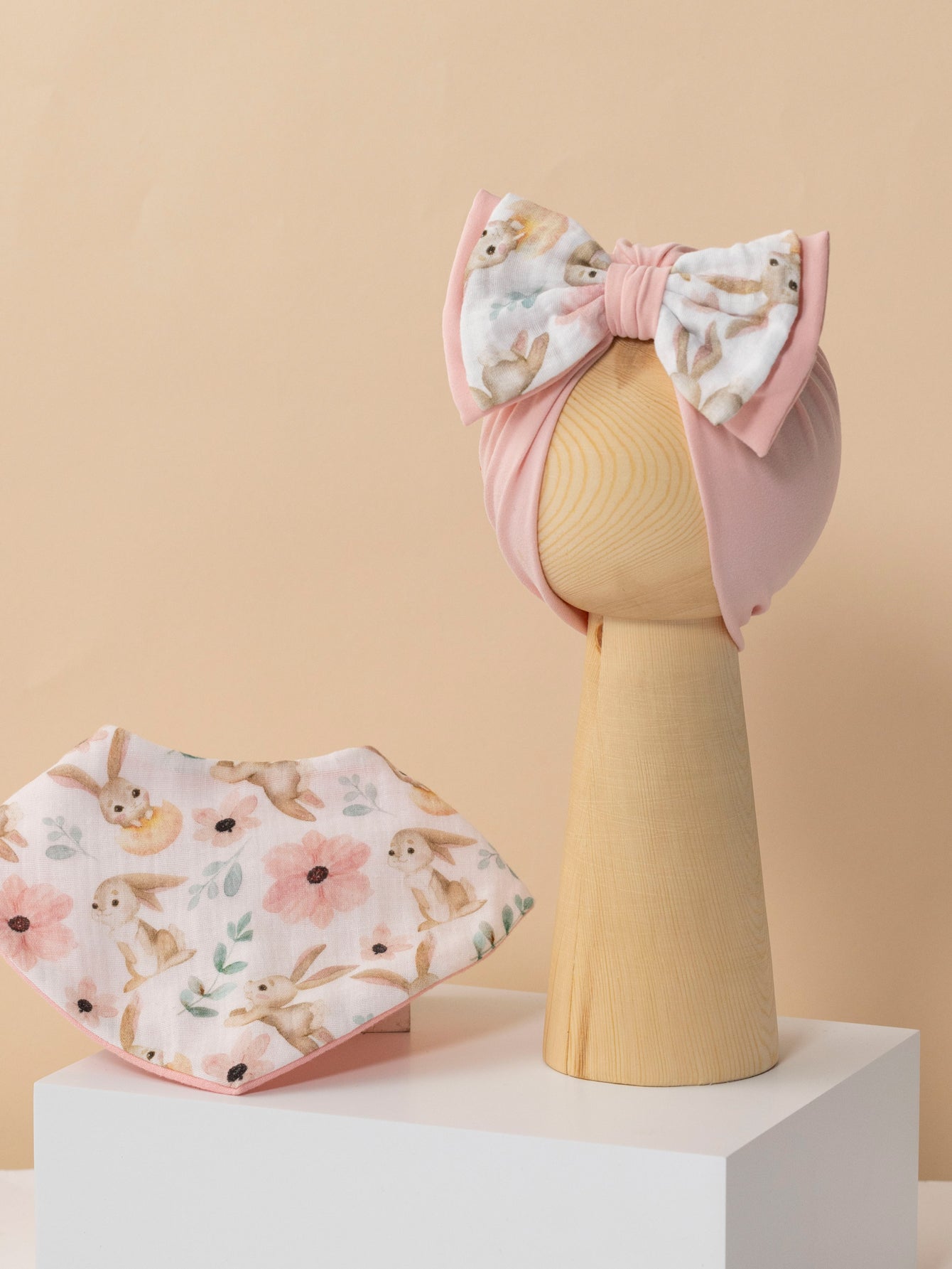 Muslin bib + headband perfect for newborn baby gifts (pink bunny)