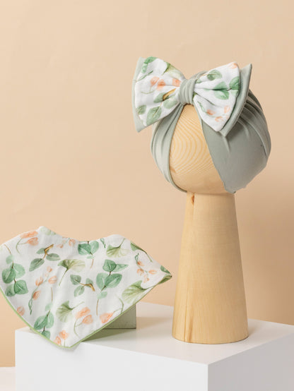 Muslin saliva towel + headband, the first choice for newborn gifts (green leaves)