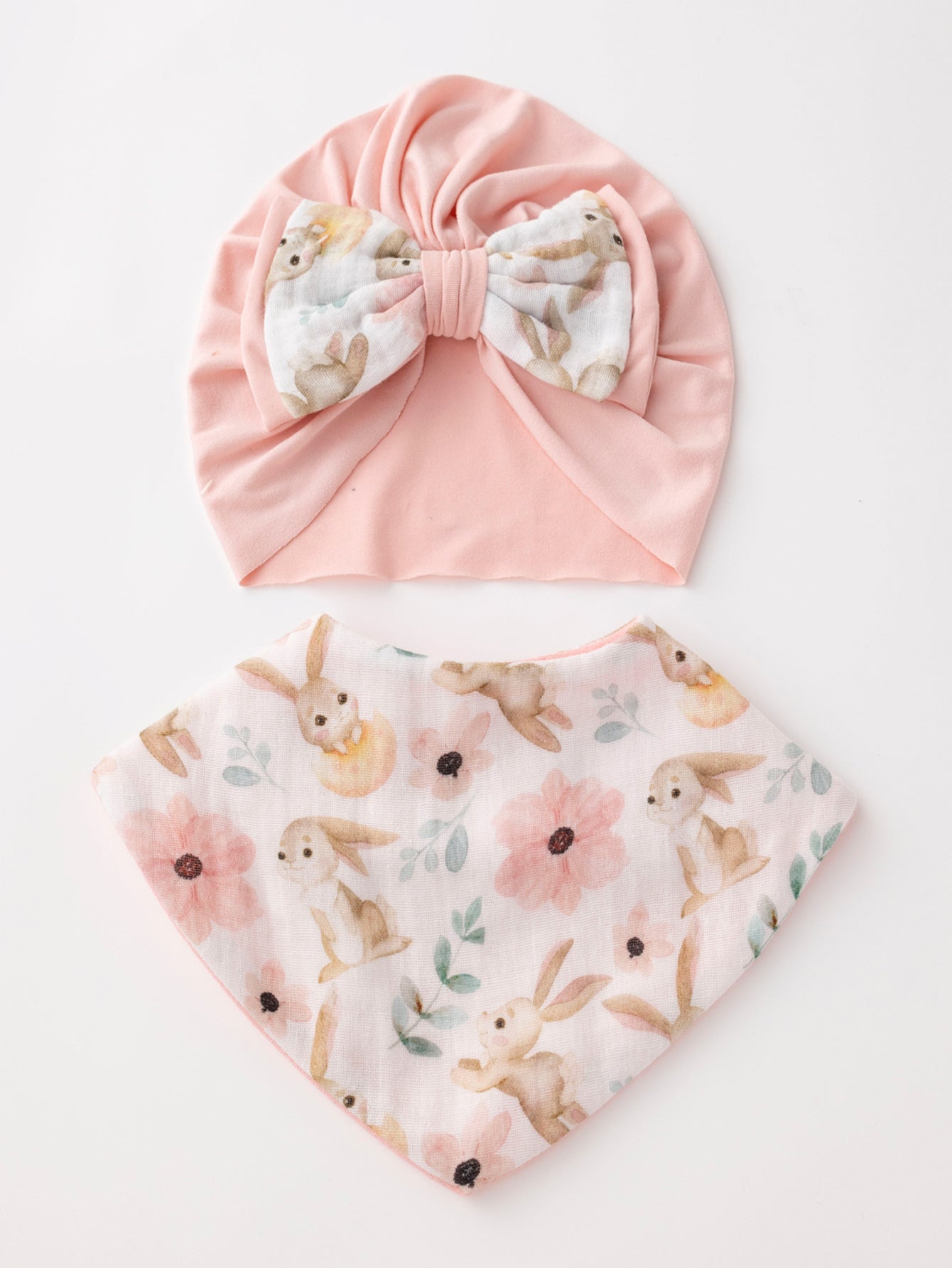 Muslin bib + headband perfect for newborn baby gifts (pink bunny)
