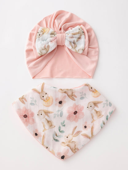 Muslin bib + headband perfect for newborn baby gifts (pink bunny)