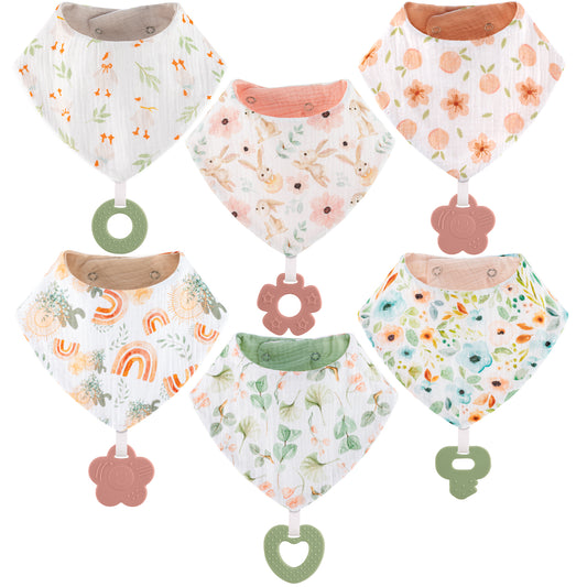 vuminbox Muslin Baby Bibs Bandana Drool Bibs 6-Pack and Teething Toys 6-Pack Made with 100% Organic Cotton, Absorbent and Soft Pattern Girls