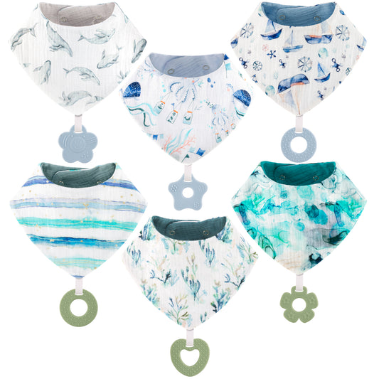 vuminbox Muslin Baby Bibs Bandana Drool Bibs 6-Pack and Teething Toys 6-Pack Made with 100% Organic Cotton, Absorbent and Soft Pattern Boys